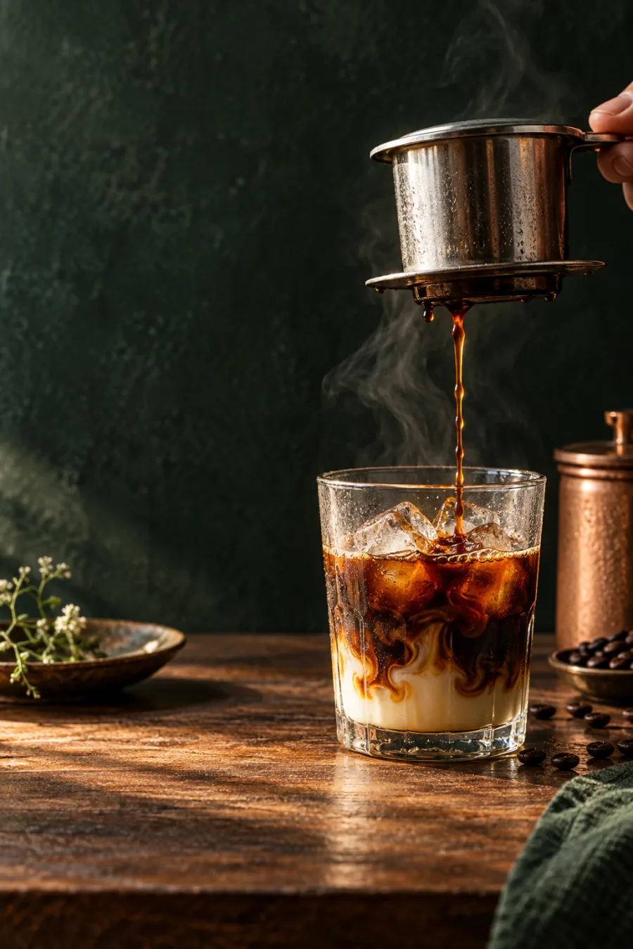 Vietnamese coffee being poured into a glass with ice